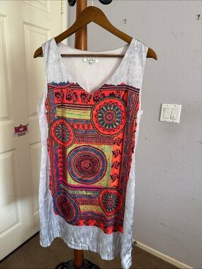 White Mini Dress with Vibrant Red & Multicolor Medallion Print